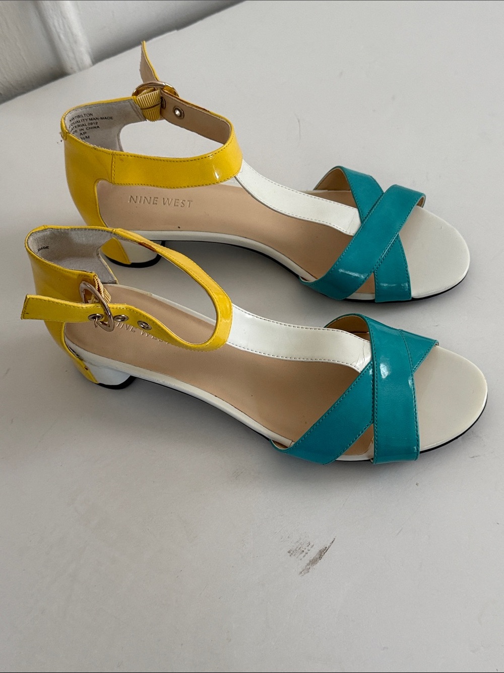 Nine West Teal & Yellow Ankle-Strap Low Heel Sandals - Picture 1 of 11